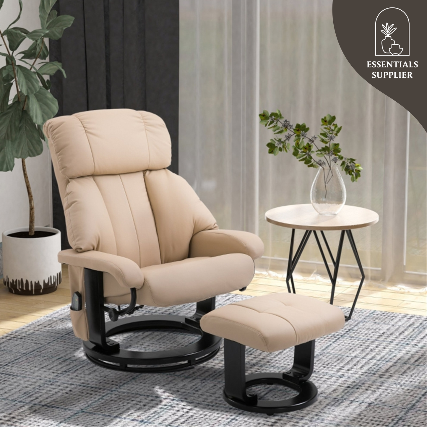 PU Leather Massage Recliner Chair with Ottoman & Remote, Beige
