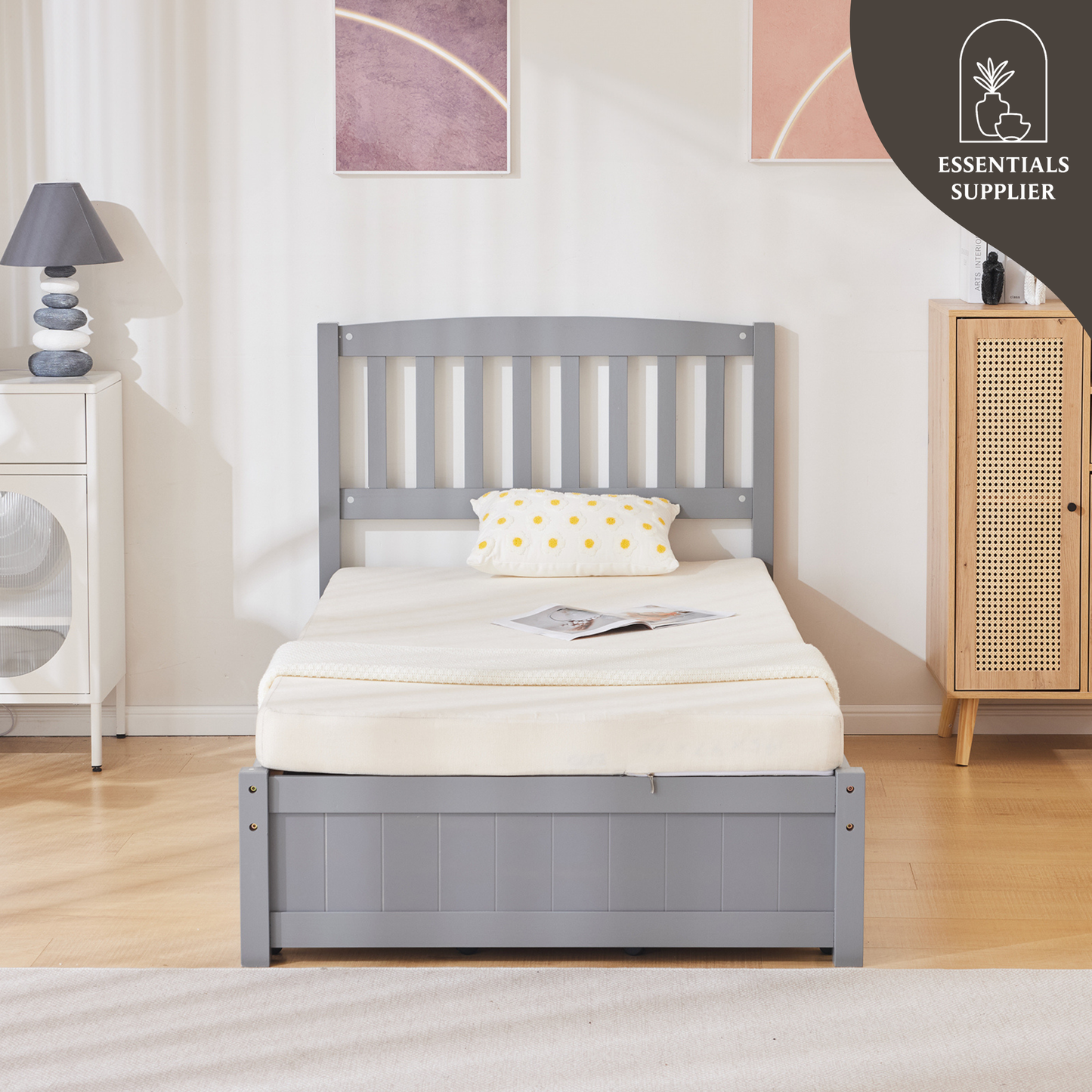 Twin Pine Wood Platform Bed with 4 Storage Drawers & Curved Headboard – Gray