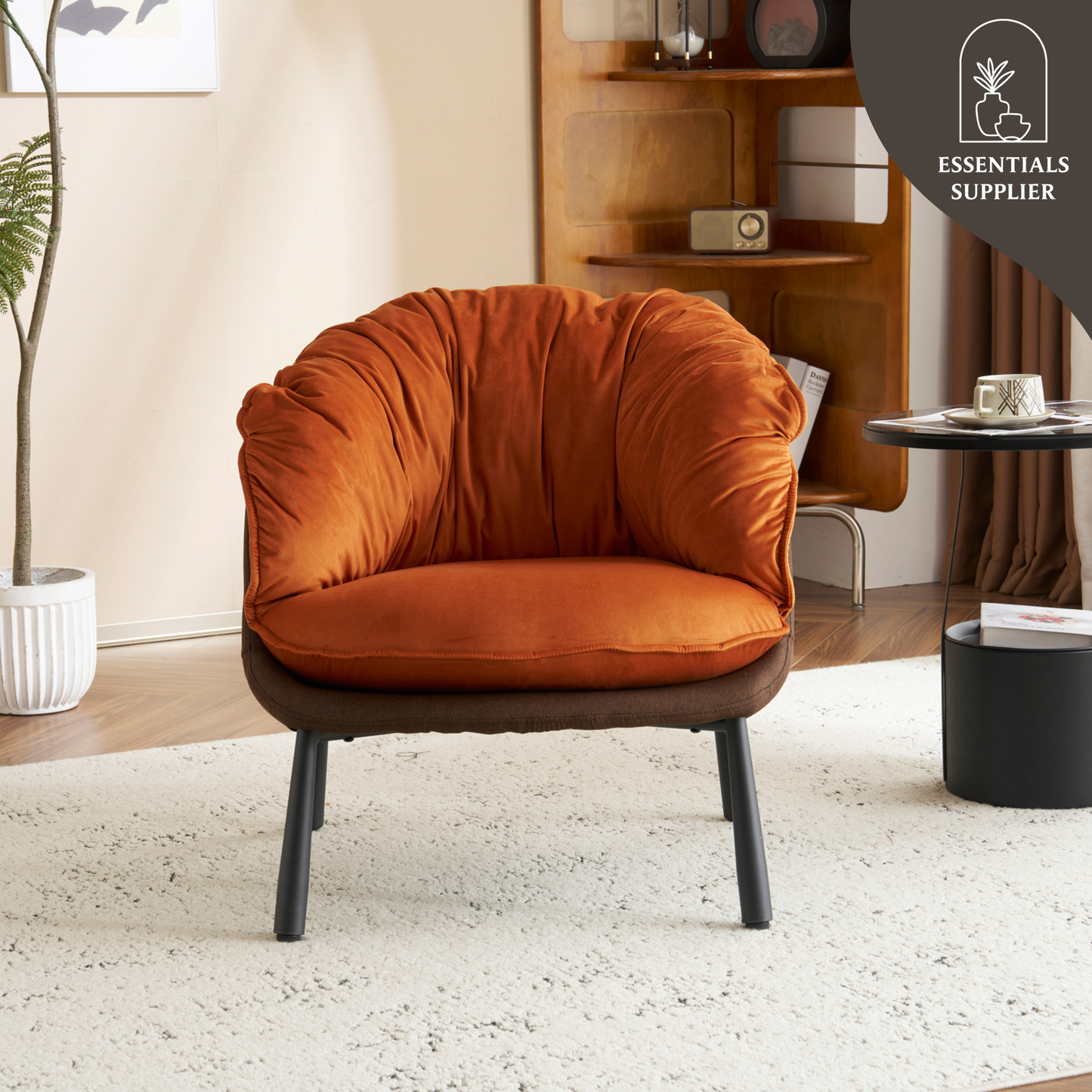 Modern Velvet Barrel Accent Chair with Metal Legs – Burnt Orange Armchair