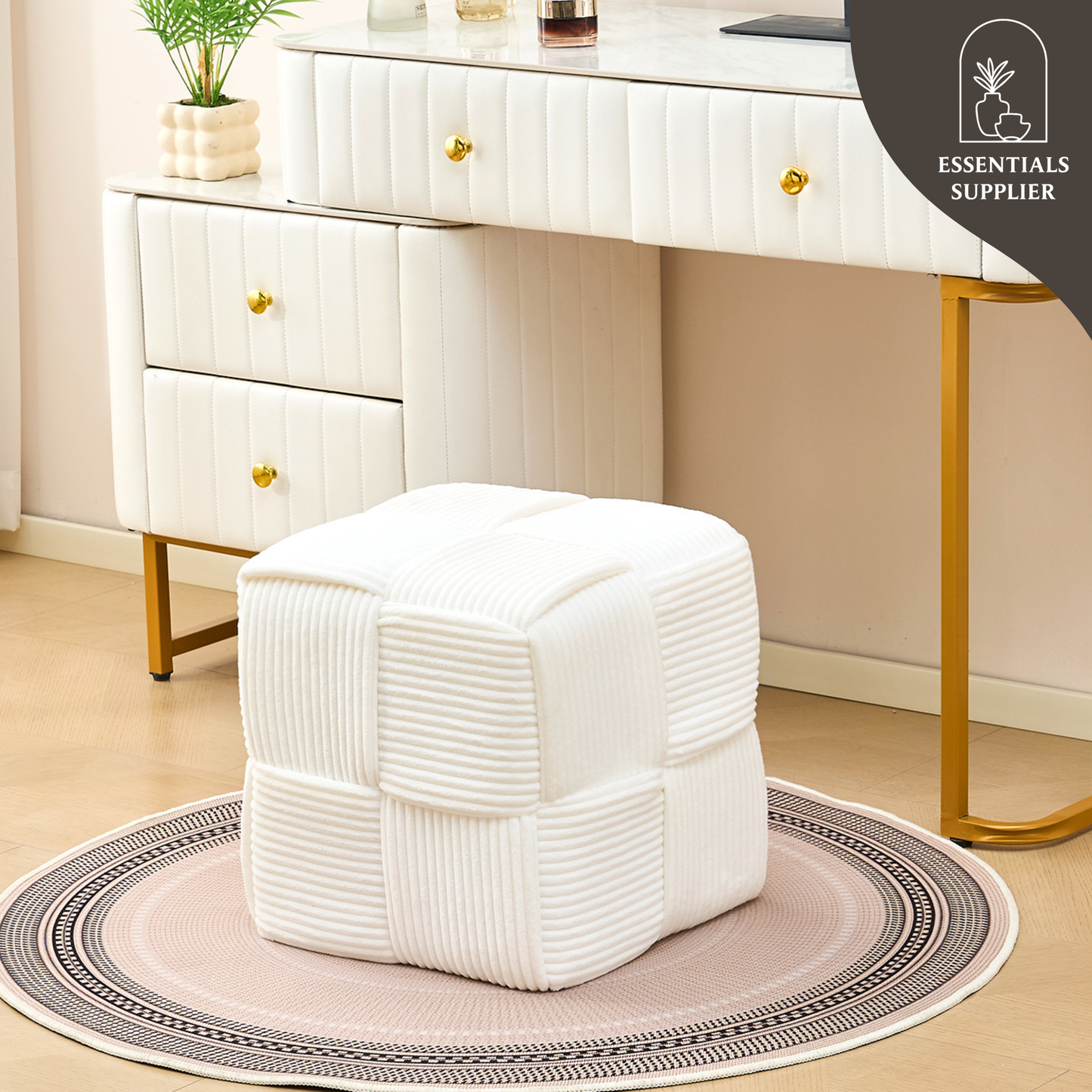 White Corduroy Ottoman Vanity Stool – Square Footrest for Bedroom & Entryway