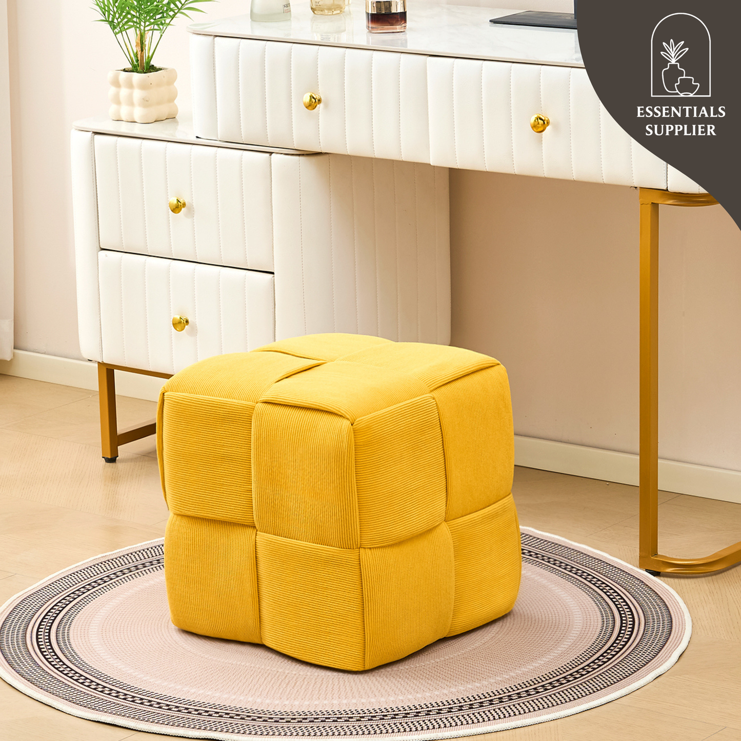 Yellow Corduroy Ottoman Vanity Stool – Square Footrest for Bedroom & Entryway