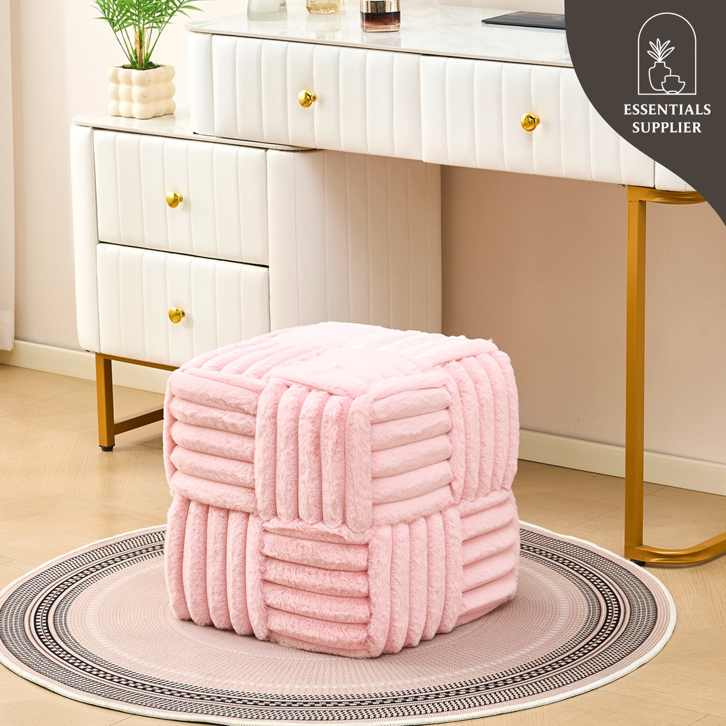 Pink Corduroy Ottoman Vanity Stool – Square Footrest for Bedroom & Entryway