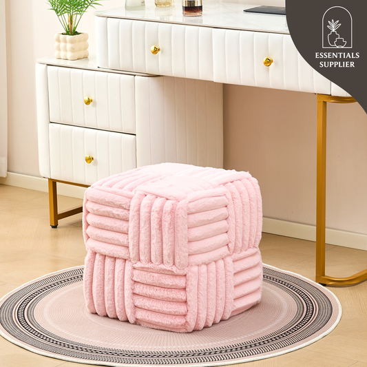 Pink Corduroy Ottoman Vanity Stool – Square Footrest for Bedroom & Entryway