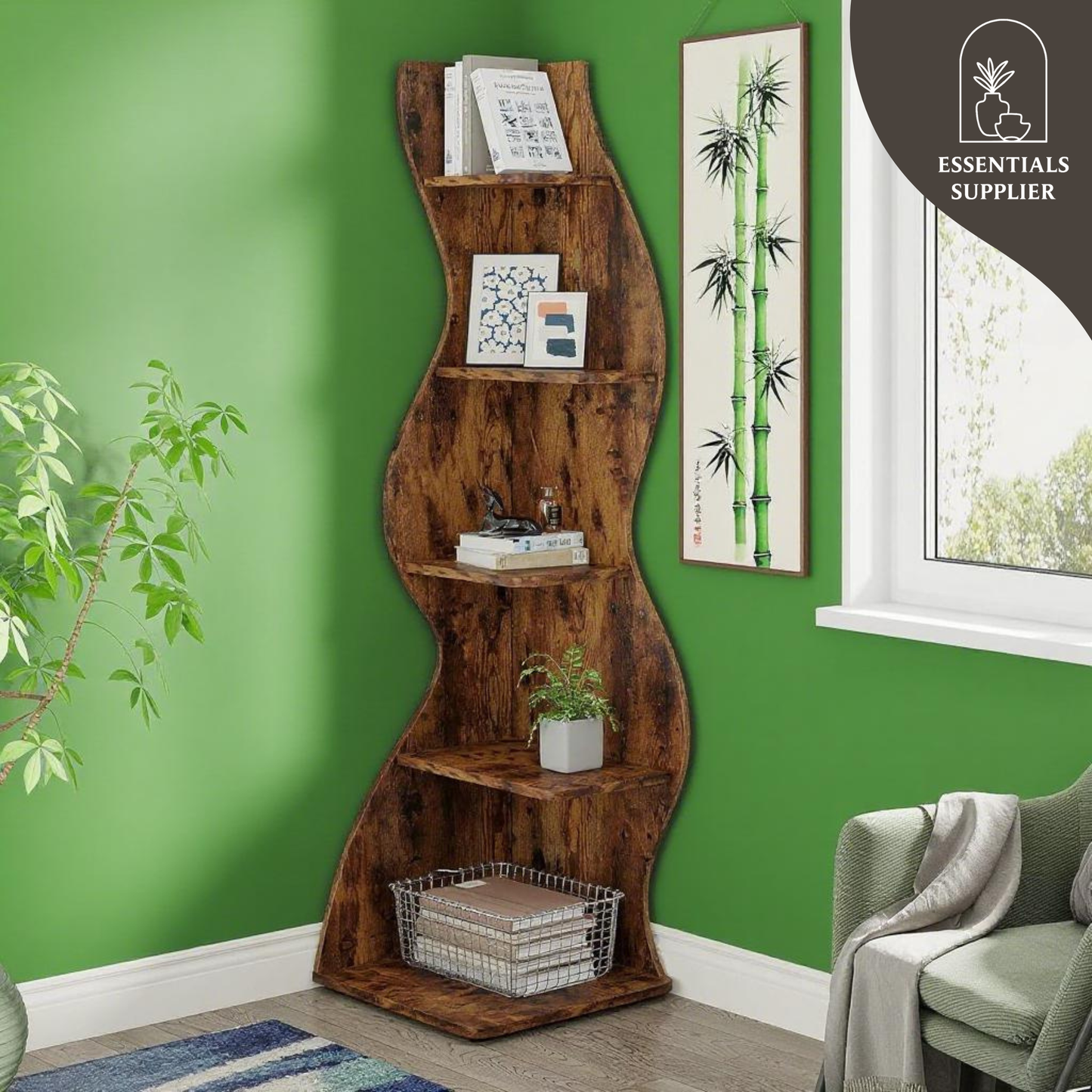 Brown Wavy 5-Tier Corner Bookshelf – Modern Sculpted Bookcase Storage Rack