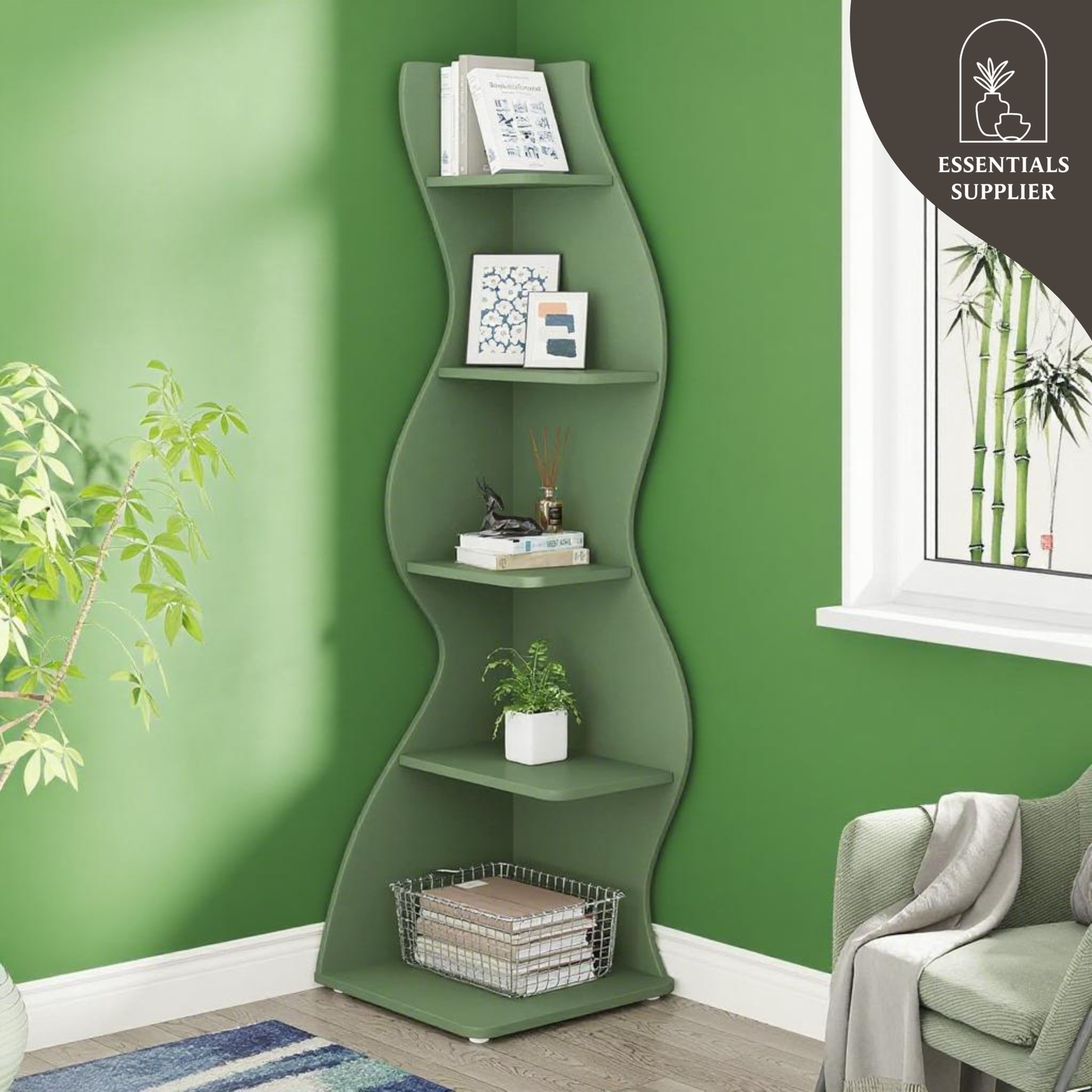 Bookcase Wavy 5-Tier Green Corner Bookshelf – Modern Sculpted Storage Rack