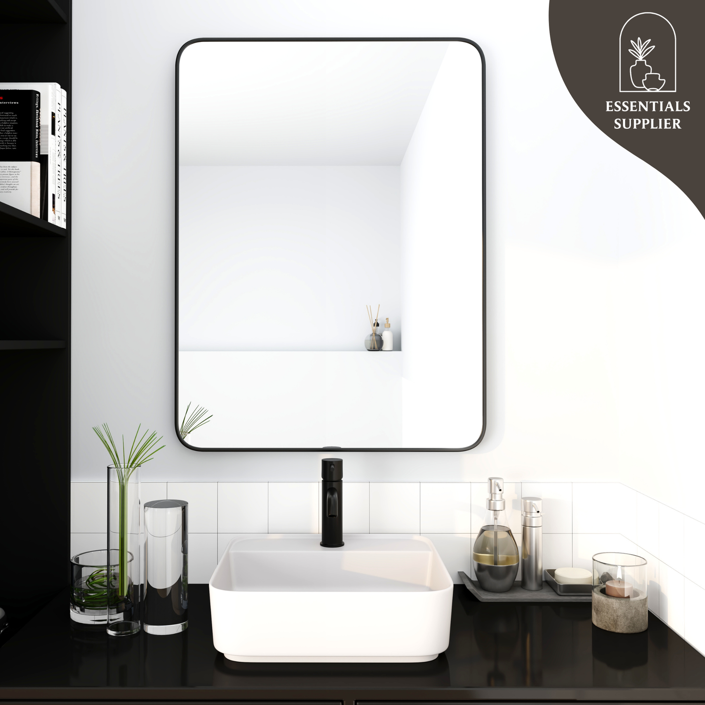 24"x32" Black Bathroom Mirror – HD Glass with Aluminum Frame, Wall Mounted