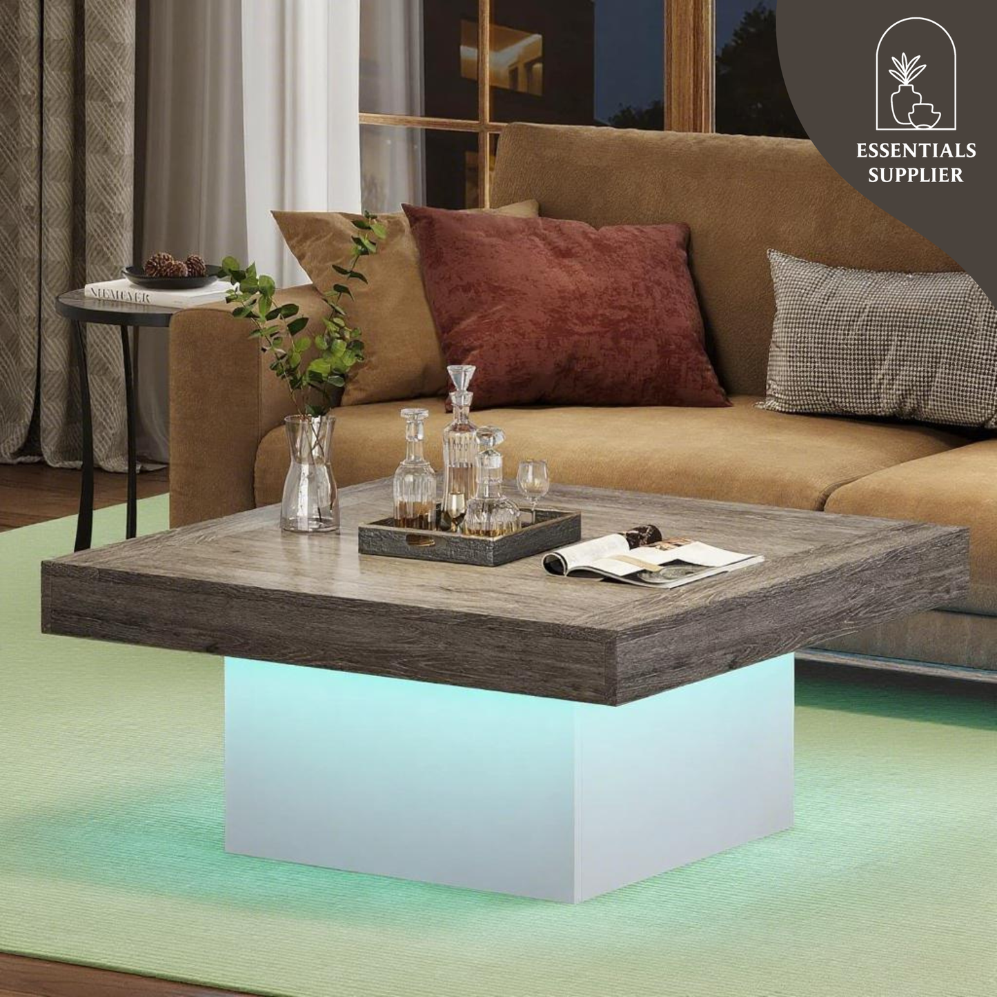 Rustic LED Coffee Table – 35" Square Farmhouse Style with Storage & Lights