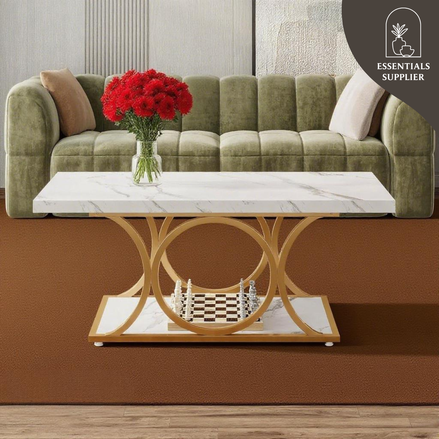 White Marble Coffee Table with Gold Frame – Luxury Modern Living Room Table