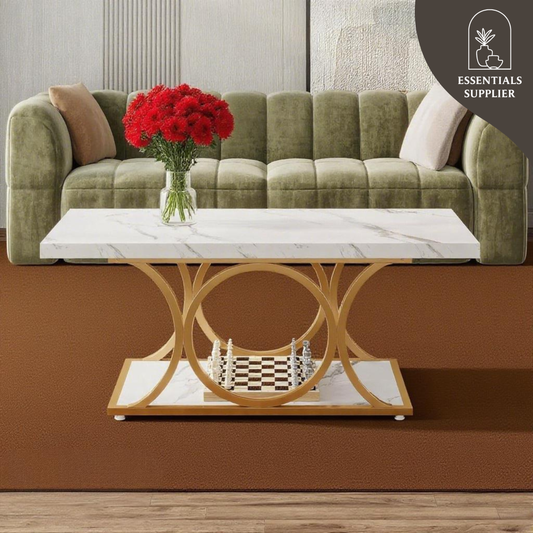 White Marble Coffee Table with Gold Frame – Luxury Modern Living Room Table