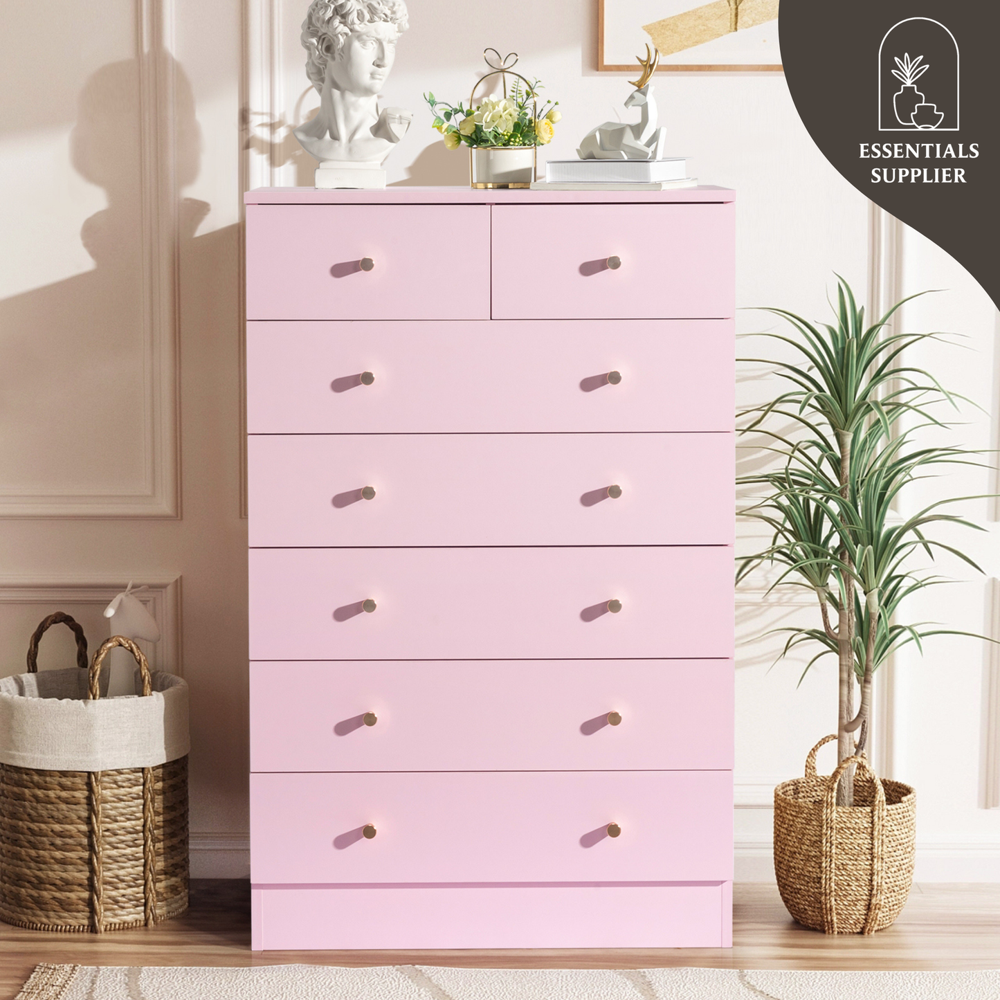 Modern Pink 7-Drawer Dresser – Space-Saving Storage for Bedroom or Home