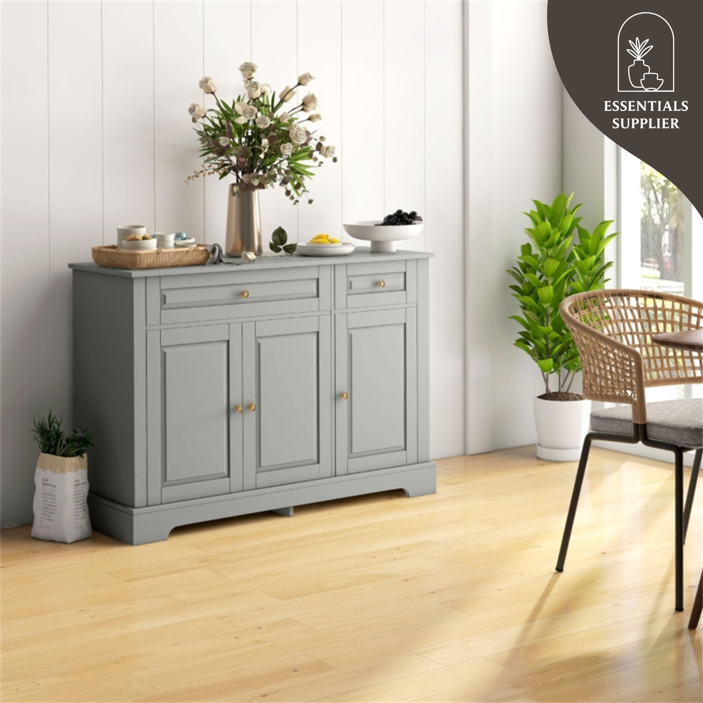 Gray Kitchen Storage Cabinet – 3 Doors, 2 Drawers, Adjustable Shelves