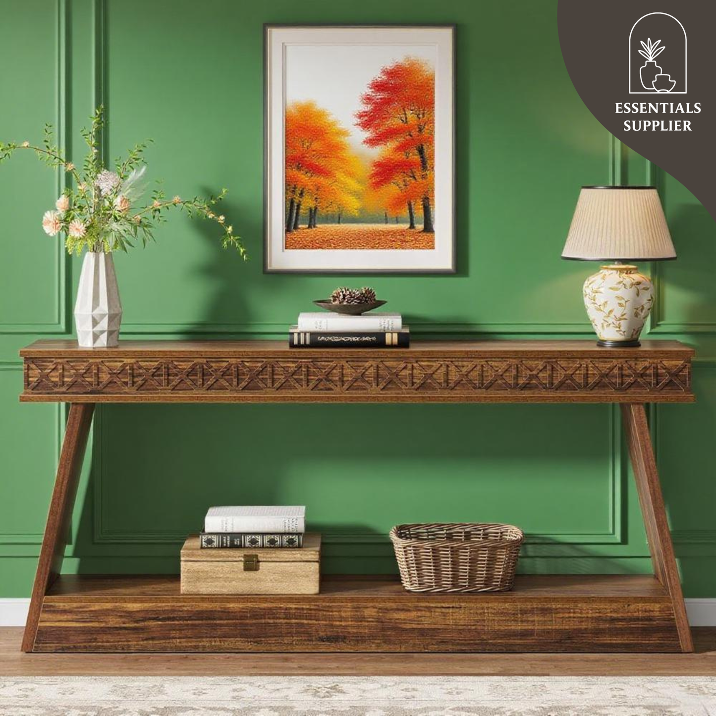 Dark Brown 2-Tier Long Console Table – Rustic Farmhouse Entryway & Sofa Display
