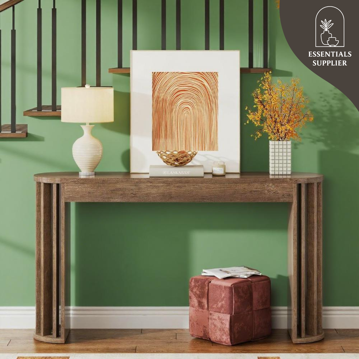 59" Vintage Wood Console Table with Curved Base – Rustic Entryway & Sofa Accent