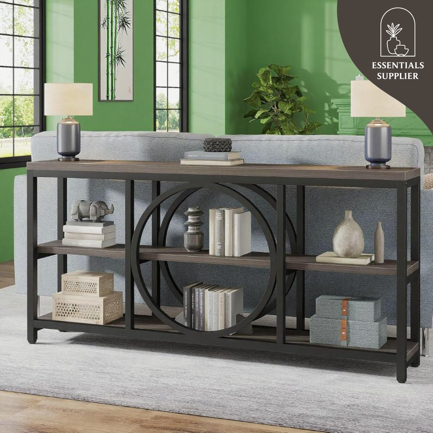 70.9" Rustic Gray Console Table with 3-Tier Shelves – Industrial Entryway Accent