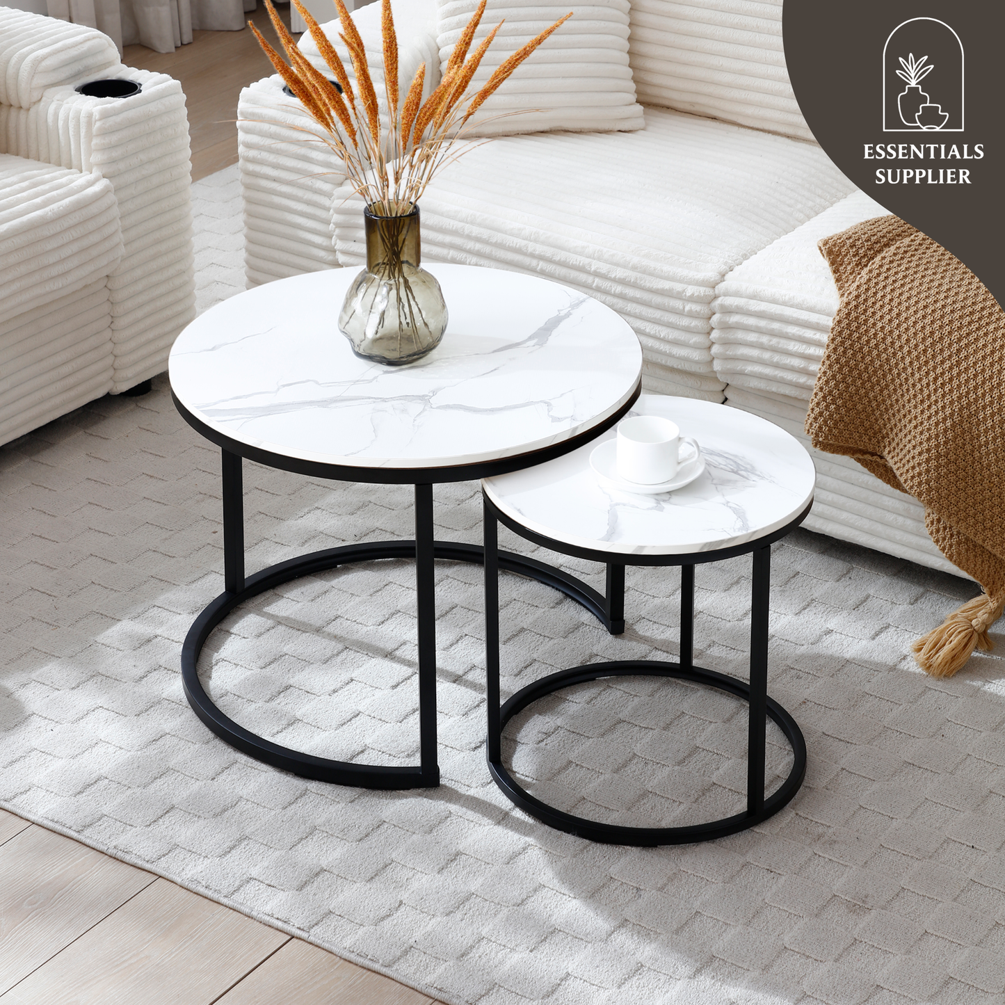 Set of 2 Nesting Coffee Tables – White & Gray Marble Top with Black Metal Frame