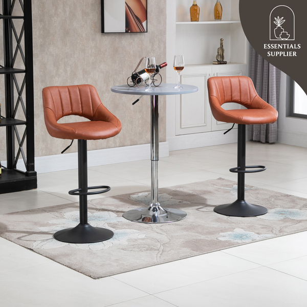 Set of 2 Adjustable Bar Stools – Brown PU Leather Swivel Chairs with Footrest