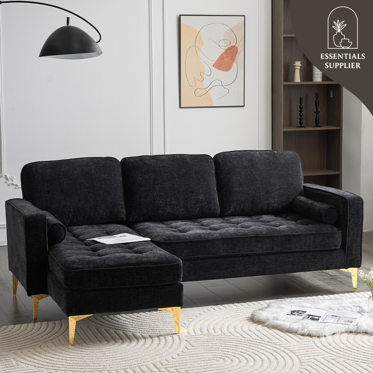 3-Seater Chenille Modular Sofa with Footstool, Gold Legs – Black
