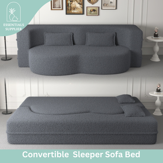Modern Grey Teddy Fabric Floor Sofa Bed with 2 Pillows – Convertible & Space-Saving