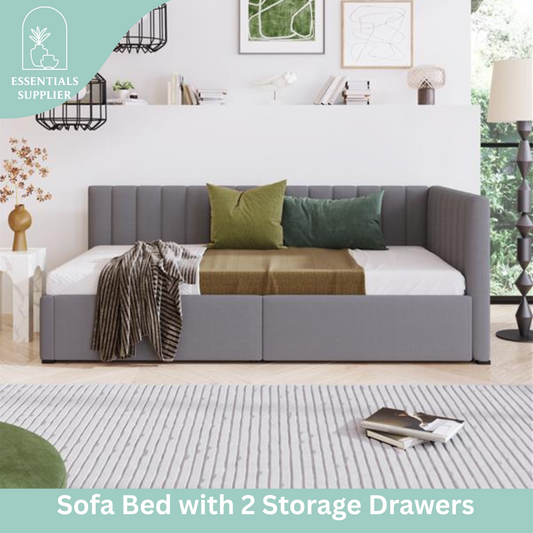 Gray Twin Upholstered Daybed with 2 Storage Drawers – Linen Sofa Bed Frame