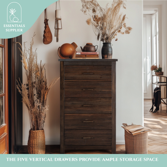 Vertical 5-Drawer Chest, Brown MDF with Wood Veneer, 73x40x120cm Storage Unit