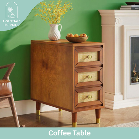 Solid Wood Coffee Table with 3 Rattan Drawers – Rustic Boho Accent End Table