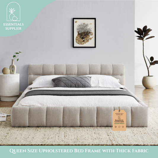Queen Upholstered Platform Bed Frame with Headboard, Chenille Fabric, Beige