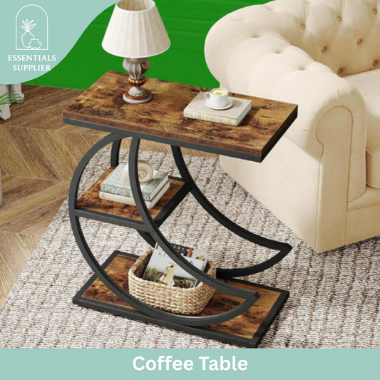Rustic Industrial 3-Tier Coffee Table with Metal Frame – Narrow End Table Stand