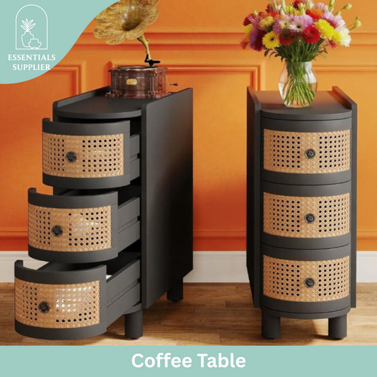 Rattan 3-Drawer Coffee Table with Vintage Metal Handles – Rustic Storage End Table