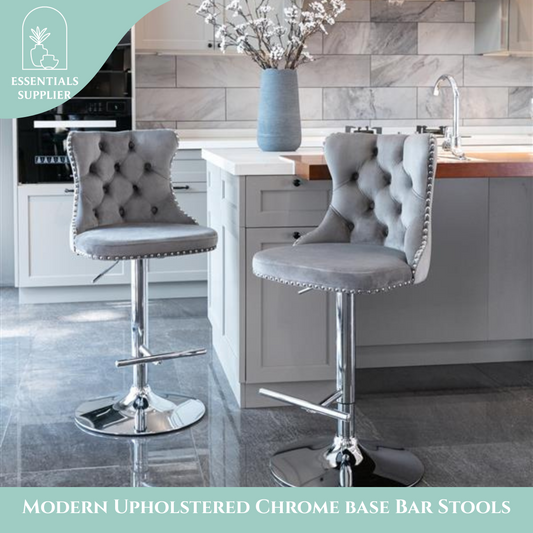 Set of 2 Gray Velvet Swivel Barstools, Adjustable Height 25–33", with Backs