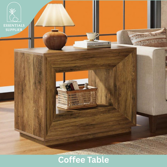 Mid-Century Rustic Coffee Table with 2-Tier Shelves – Oversized End Table