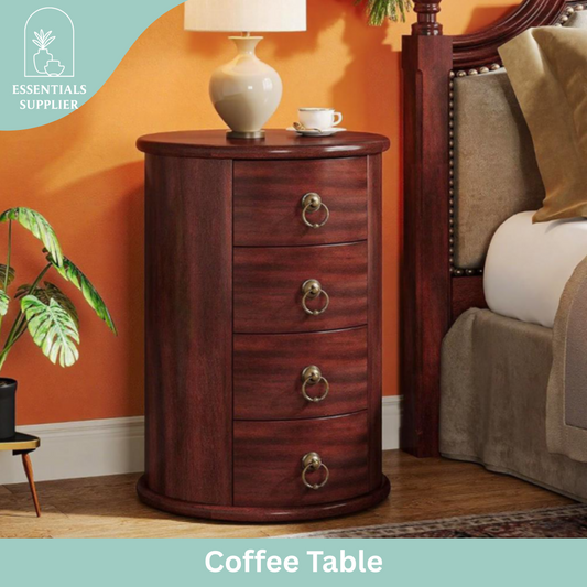 Cherry Brown 4-Drawer Coffee Table Nightstand – Rustic Vintage Storage Side Table