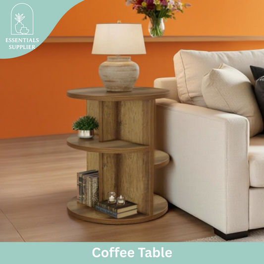 Farmhouse Round Coffee Table with 3-Tier Storage – Rustic Brown Sofa Side Table