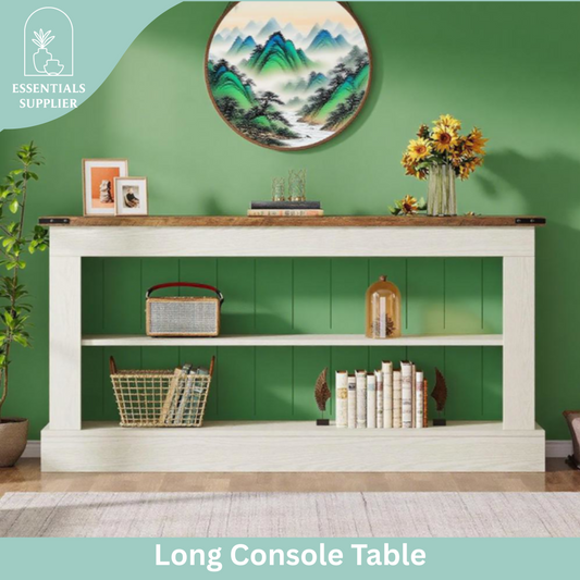 Modern Farmhouse Console Table with 2-Tier Shelves – White & Natural Wood