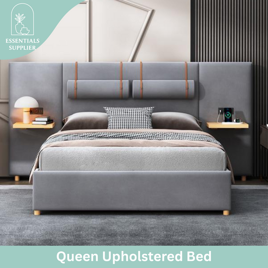 Queen Upholstered Platform Bed with USB Ports, Pillows & Storage Shelves – Gray
