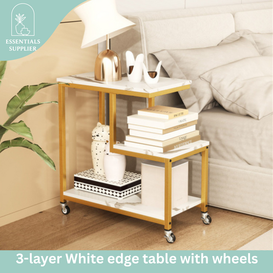 G-Shaped 3-Tier White End Table with Wheels – Mobile Storage Side Table