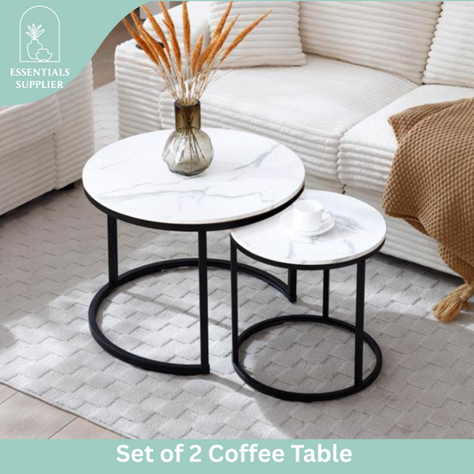 Set of 2 Nesting Coffee Tables – White & Gray Marble Top with Black Metal Frame
