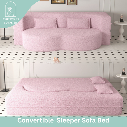Modern Pink Teddy Fabric Floor Sofa Bed with 2 Pillows – Convertible & Space-Saving