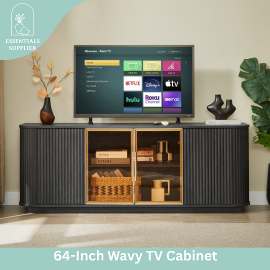 64" Wavy Black TV Cabinet with LED, Glass Doors & Storage for Living Room