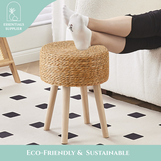 Essentials Supplier Seagrass Ottoman Footstool – Solid Wood Legs, Handwoven