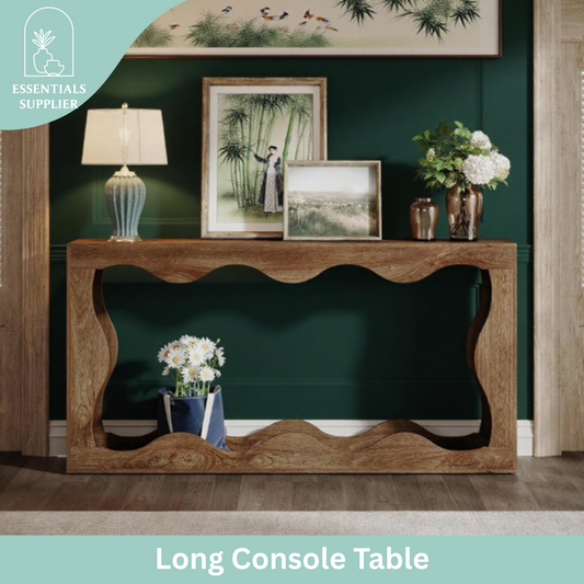 63" Light Brown Farmhouse Wavy Console Table – 2-Tier Entryway & Sofa Table