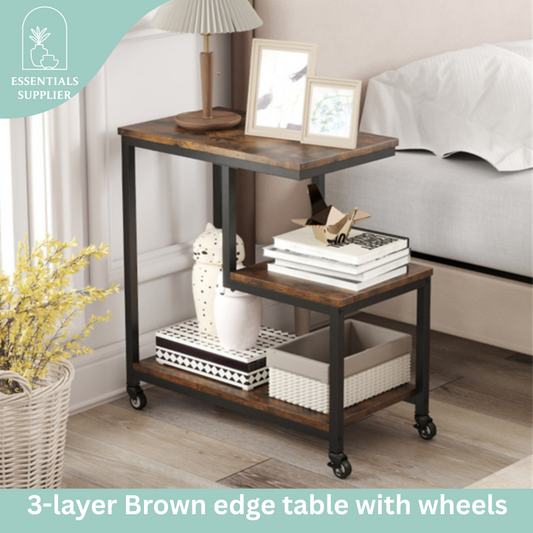 G-Shaped 3-Tier Brown End Table with Wheels – Mobile Storage Side Table
