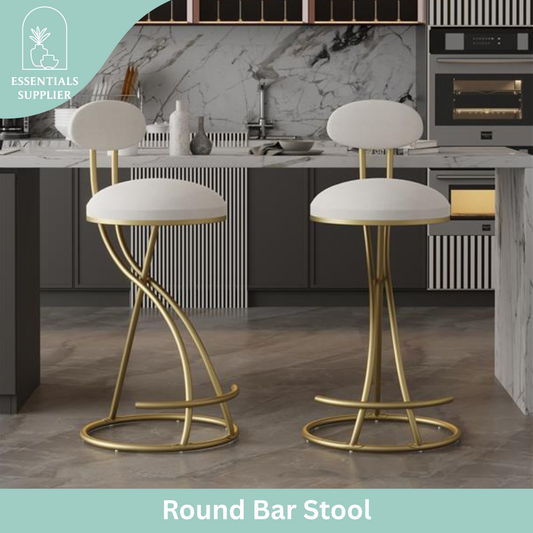 Set of 2 Velvet Round Bar Stools with Back – Gold & Cream Upholstered Counter Chairs