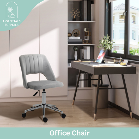 Modern Grey Velvet Office Chair – Adjustable Height, Swivel Base & Scallop Backrest