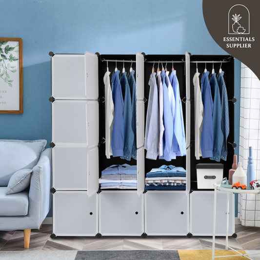 16-Cube Modular Closet Organizer with Hanging Rods, White Doors & Black Panels