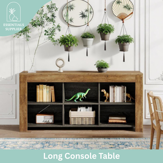 Rustic Brown 6-Cube Long Console Table – Industrial Low Bookshelf & TV Stand