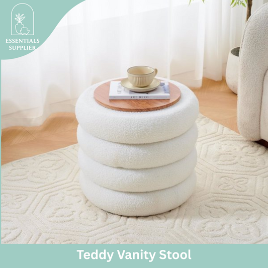Round Shape Storage Ottoman Stool with Flip Tray, Vanity & Footrest Chair, White