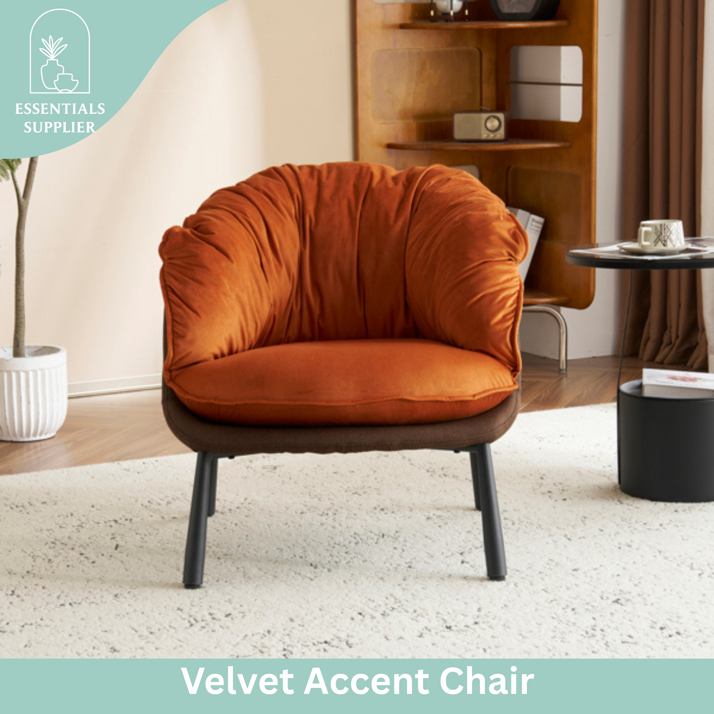 Modern Velvet Barrel Accent Chair with Metal Legs – Burnt Orange Armchair