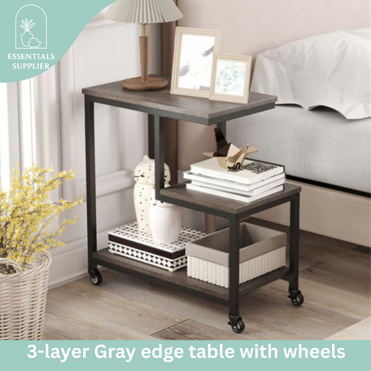 G-Shaped 3-Tier Gray End Table with Wheels – Mobile Storage Side Table
