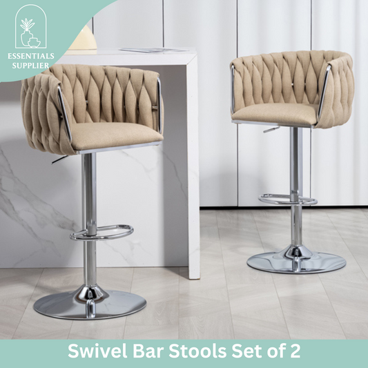 Set of 2 360° Swivel Fabric Bar Stools with Woven Back, Adjustable Height, Beige
