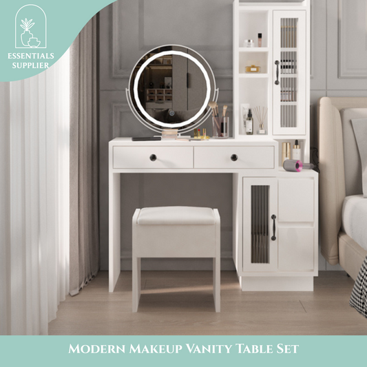 Modern Vanity Table Set w/ LED Mirror, Side Cabinet & Outlets, 3 Lights
